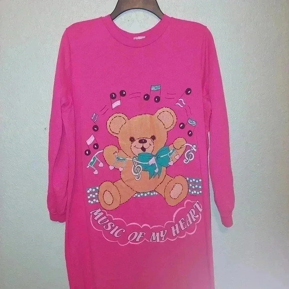 Vintage 80’s Pink Comfy Club Bear Sweater Long Sleeve Nightgown Size Medium - Picture 3 of 7